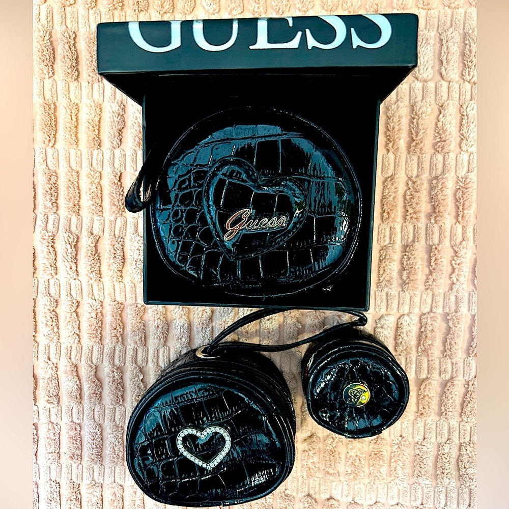 Vintage GUESS Black Patton leather cosmetic nesting bags - travel pouches - NWOT